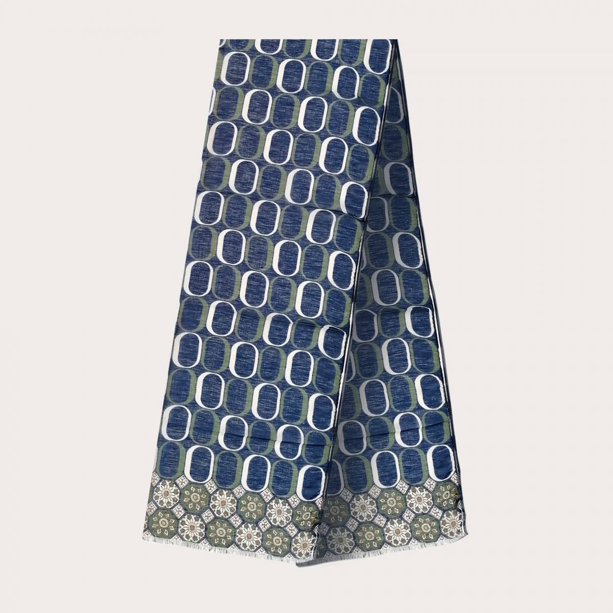 Foulard long en modal, lin et soie, motifs géométriques bleus et verts