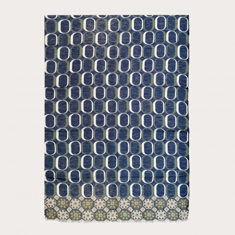 Foulard long en modal, lin et soie, motifs géométriques bleus et verts