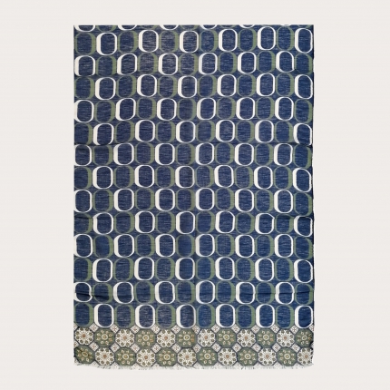 Foulard long en modal, lin et soie, motifs géométriques bleus et verts