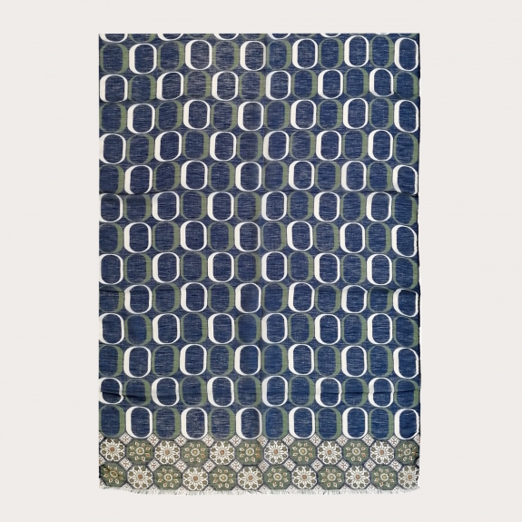 Langer Schal aus Modal, Leinen und Seide, blaue und grüne geometrische Muster