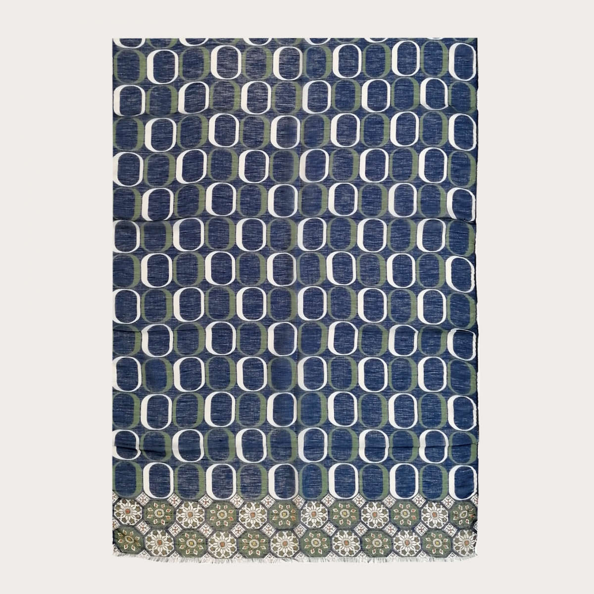Bufanda larga en modal, lino y seda, estampados geométricos azules y verdes