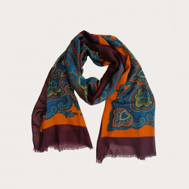 Light virgin wool scarf with paisley patterns, burgundy, orange and light blue