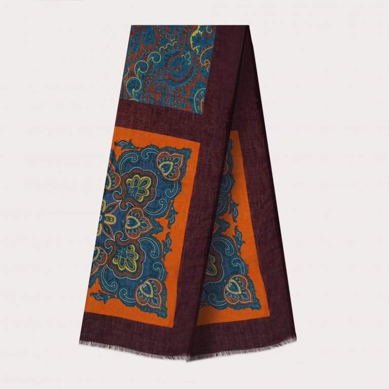 Light virgin wool scarf with paisley patterns, burgundy, orange and light blue