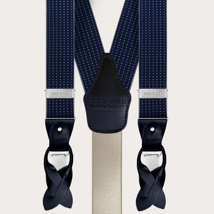 Y-förmige blaue elastische Hosenträger mit grauem Punktmuster