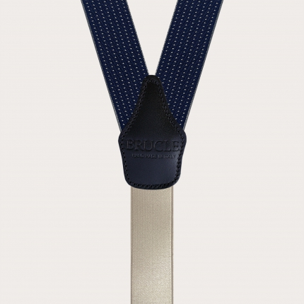 Y-förmige blaue elastische Hosenträger mit grauem Punktmuster