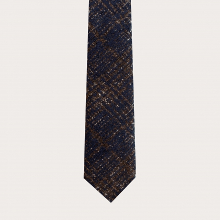 Cravatta sfoderata in lana e seta, tartan blu e marrone