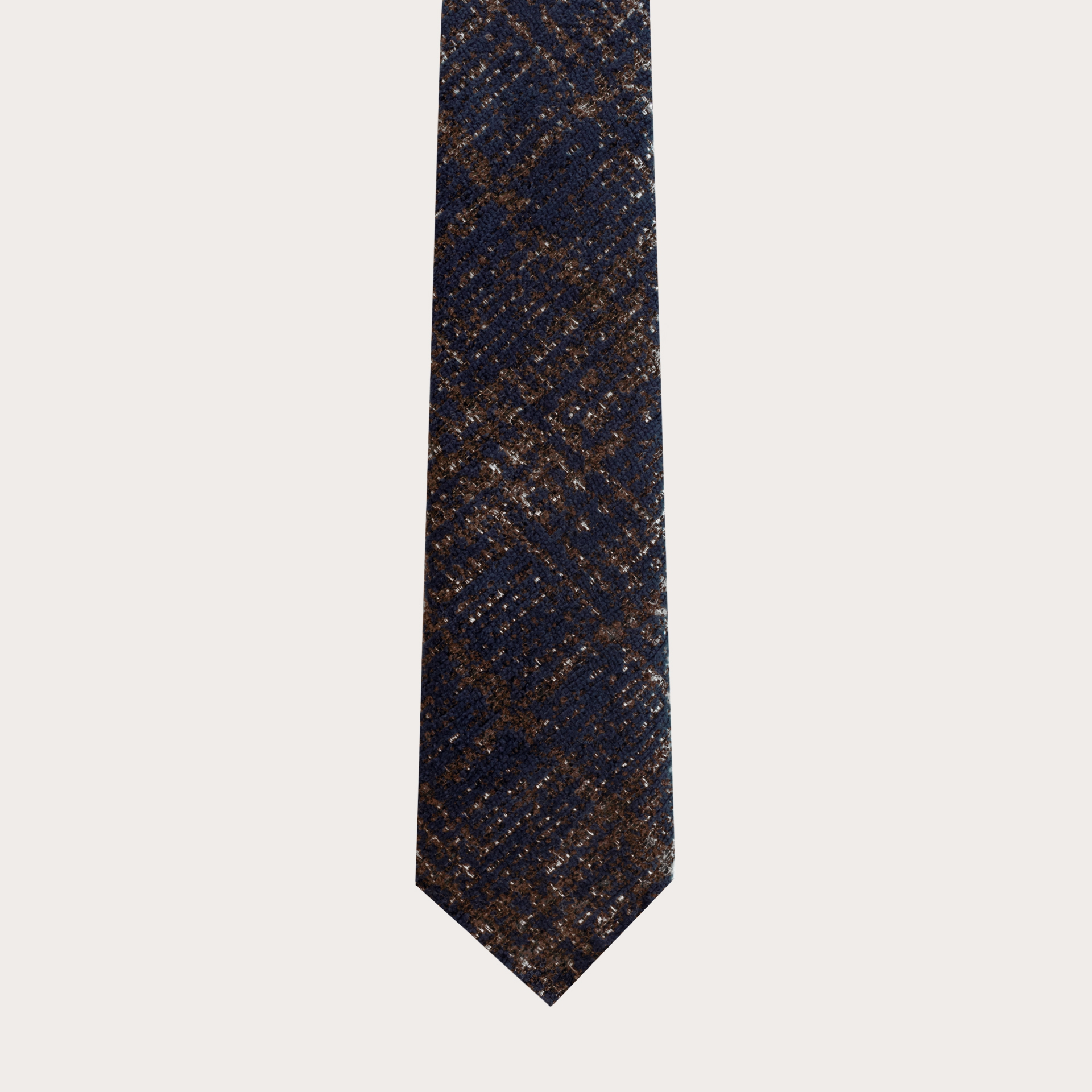 Cravatta sfoderata in lana e seta, tartan blu e marrone
