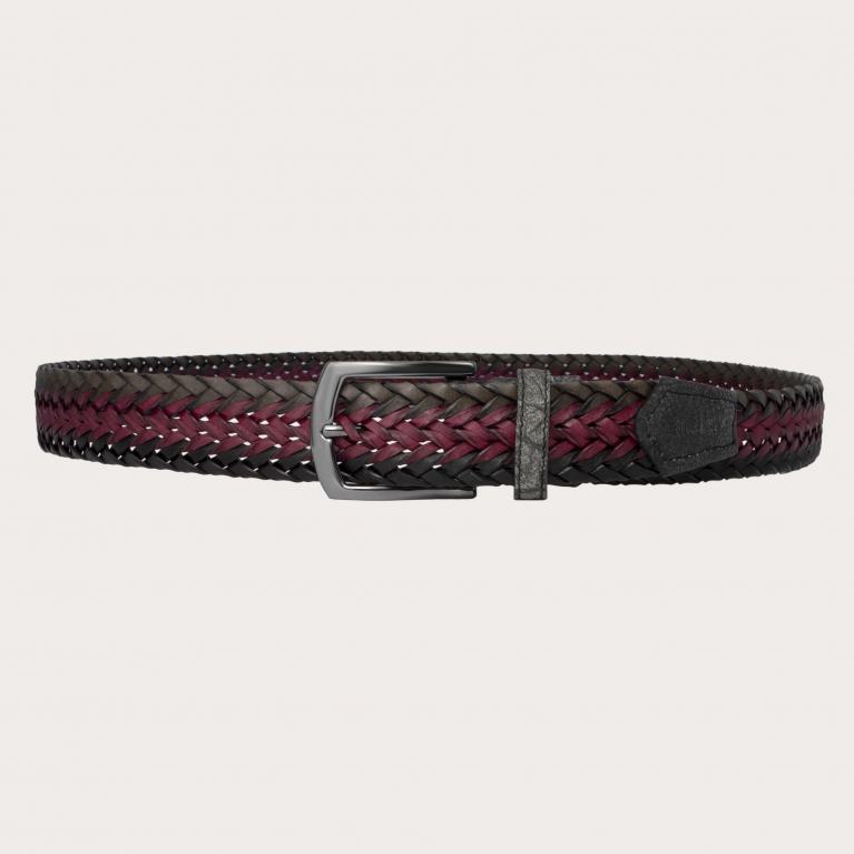 Woven belt in bonded leather, wine, gray and black