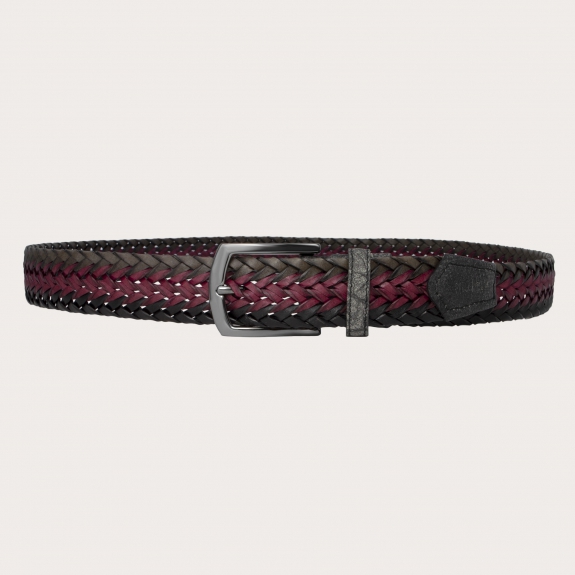 Woven belt in regenerated leather, wine, gray and black