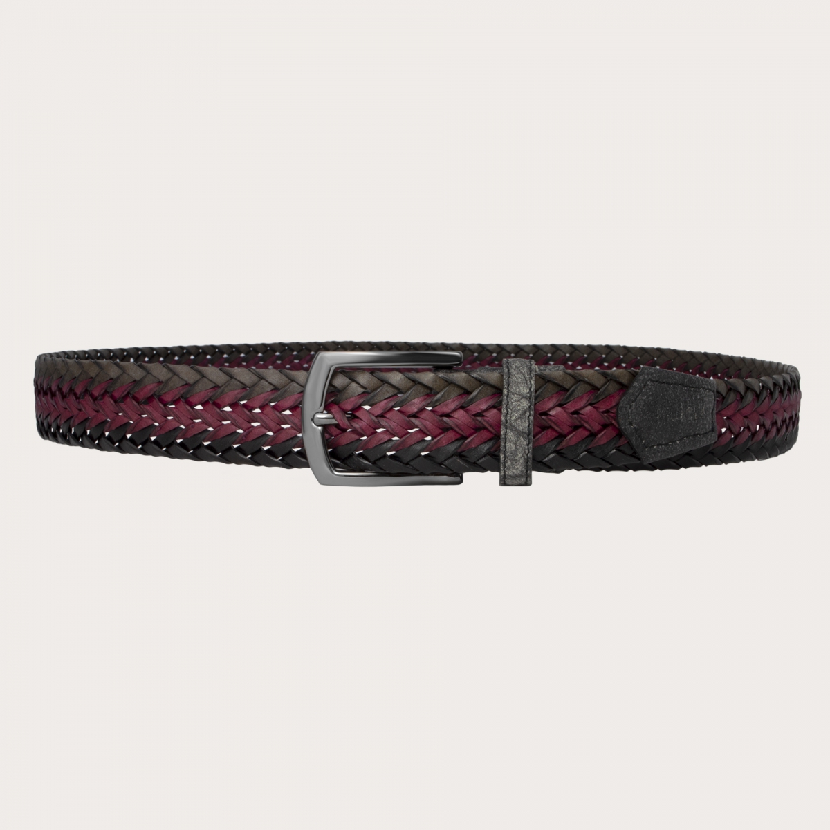 Woven belt in regenerated leather, wine, gray and black