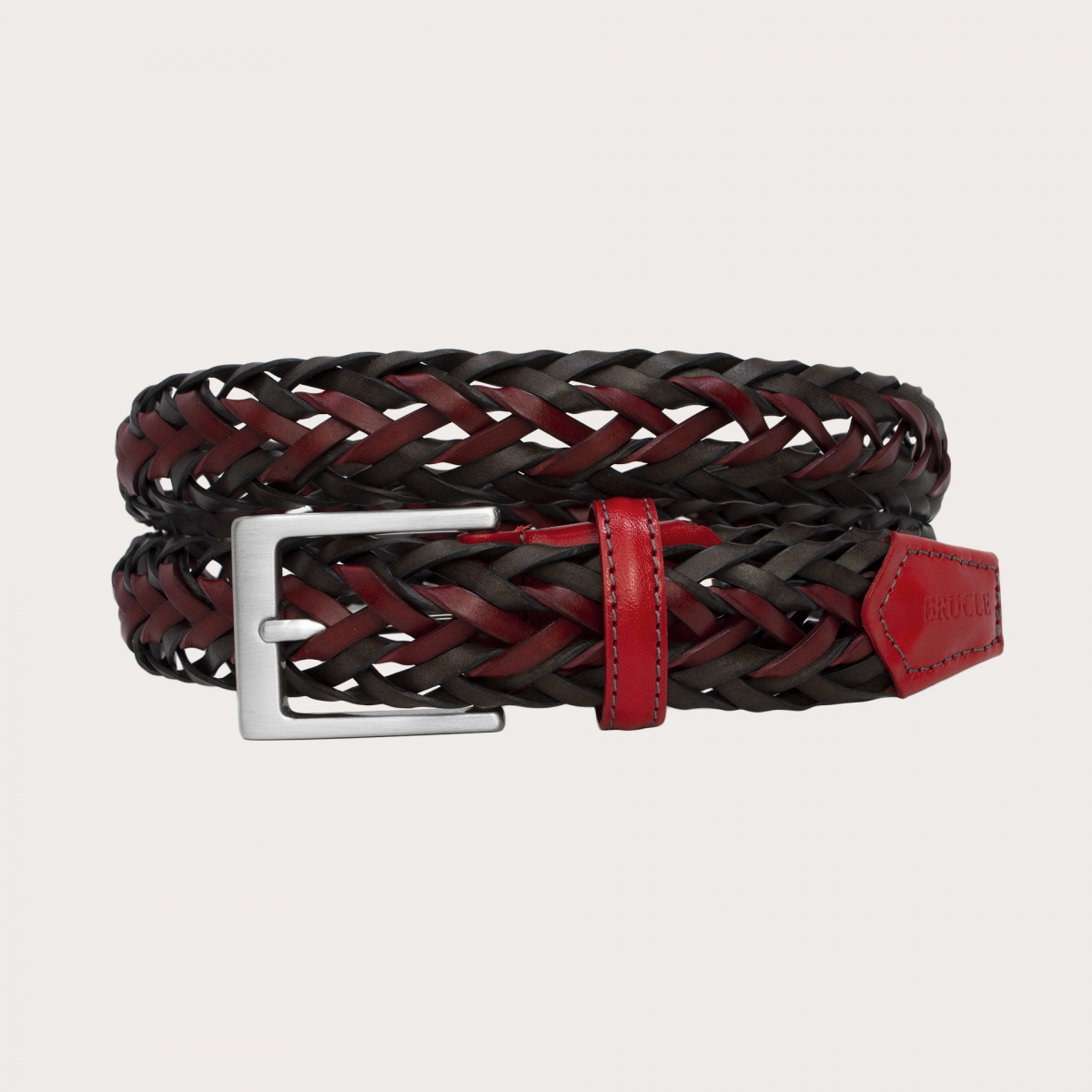 Cinturón trenzado en piel regenerada, vino, gris y negro