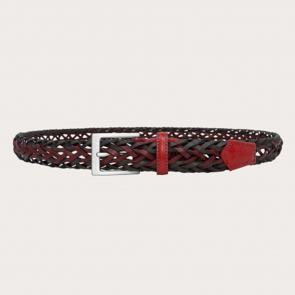 Woven belt in bonded leather, red and brown
