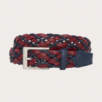 Braided rope and bonded leather belt with tumbled leather trims, blue and red 