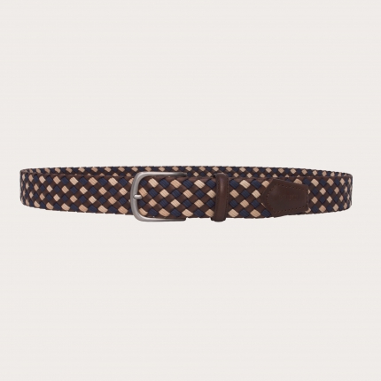 Braided belt in regenerated leather and cotton, blue, brown and beige