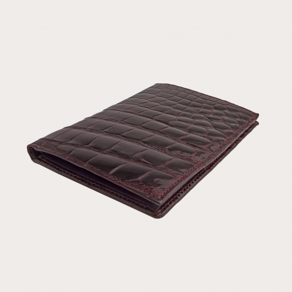 Vertical document wallet in genuine crocodile, glossy burgundy