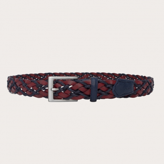 Braided rope and bonded leather belt with tumbled leather trims, blue and red