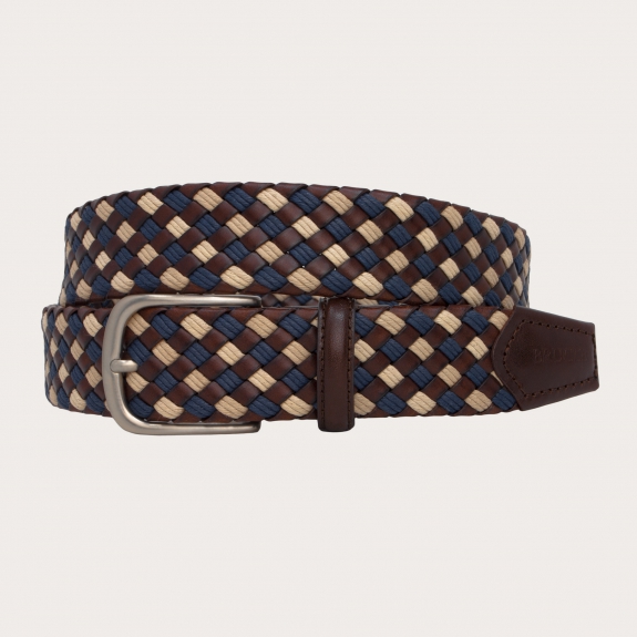 Braided belt in regenerated leather and cotton, blue, brown and beige