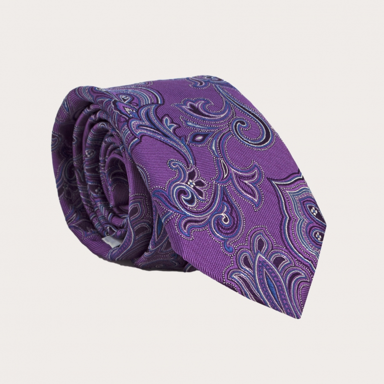 Cravatta in seta, motivo paisley floreale viola