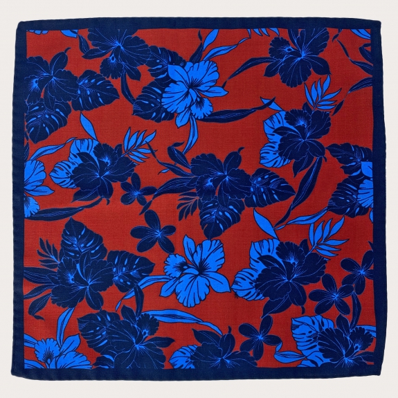 Pañuelo de bolsillo en seda patrón floral azul y rojo