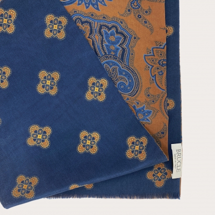 Tubular wool scarf with paisley motif, brown and blue
