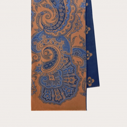 Tubular wool scarf with paisley motif, brown and blue