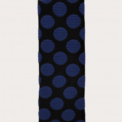 Cravate fine en soie à bout carré, noire à pois bleus