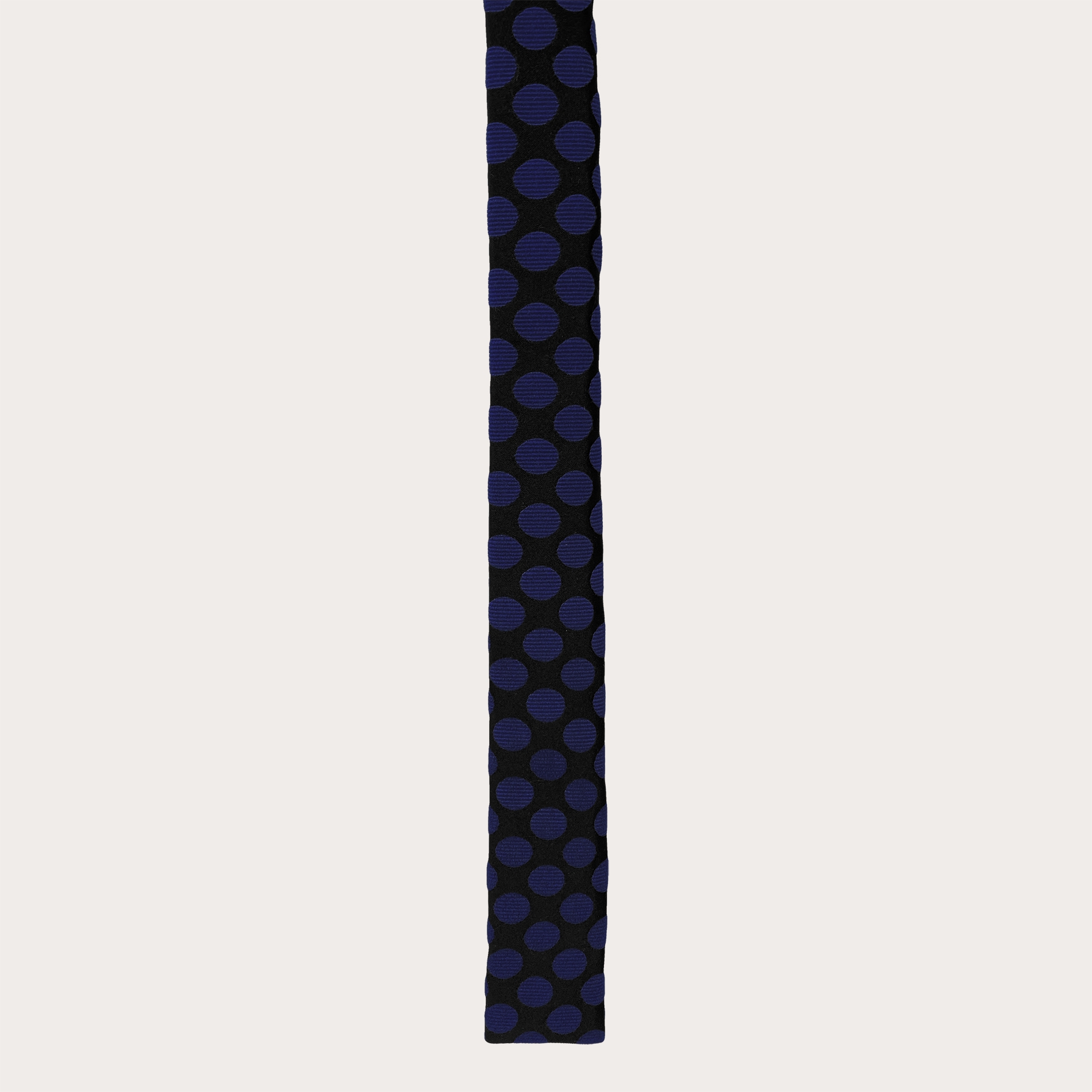 Narrow silk necktie with square end, black with blue polka dots