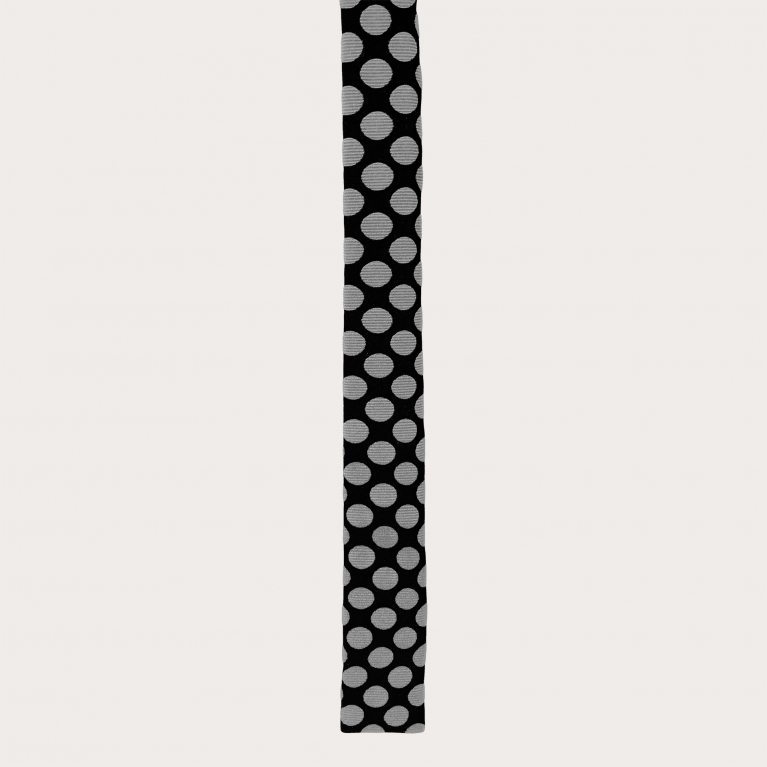 Cravate fine en soie à bout carré, noire à pois gris clair