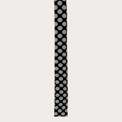 Narrow silk necktie with square end, black with light grey polka dots