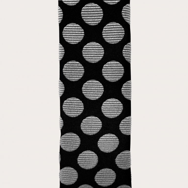 Cravate fine en soie à bout carré, noire à pois gris clair