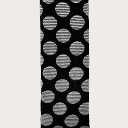 Narrow silk necktie with square end, black with light grey polka dots