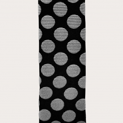 Narrow silk necktie with square end, black with light grey polka dots