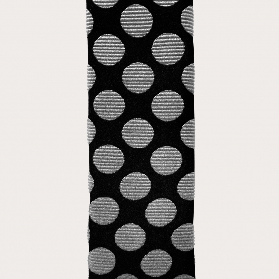 Narrow silk necktie with square end, black with white polka dots