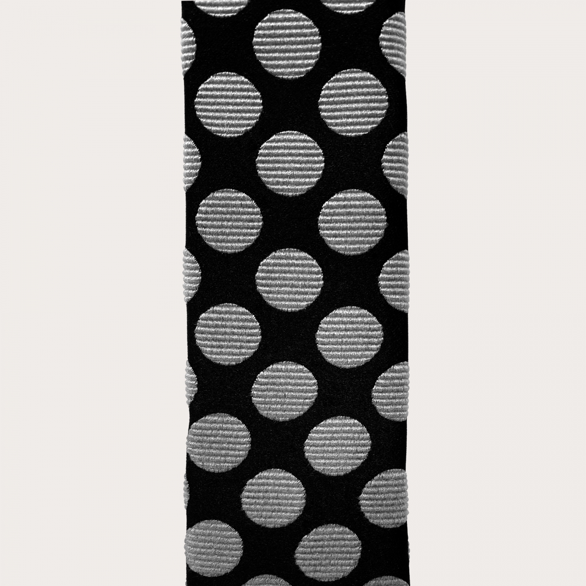 Narrow silk necktie with square end, black with white polka dots