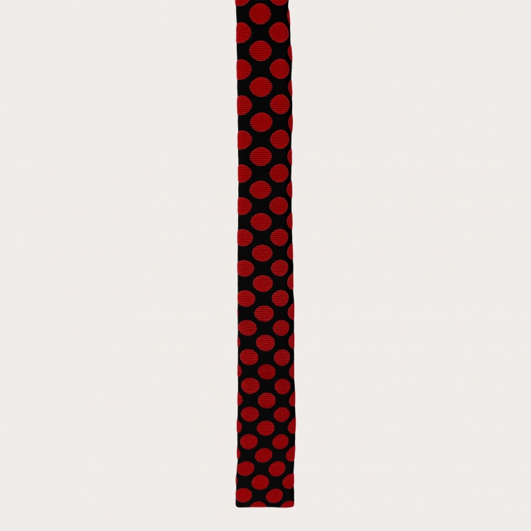Narrow silk necktie with square end, black with red polka dots