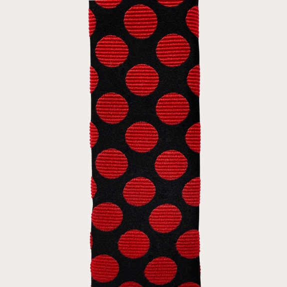Narrow silk necktie with square end, black with red polka dots