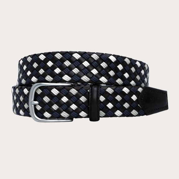 Braided cotton and leather belt, blue black and white