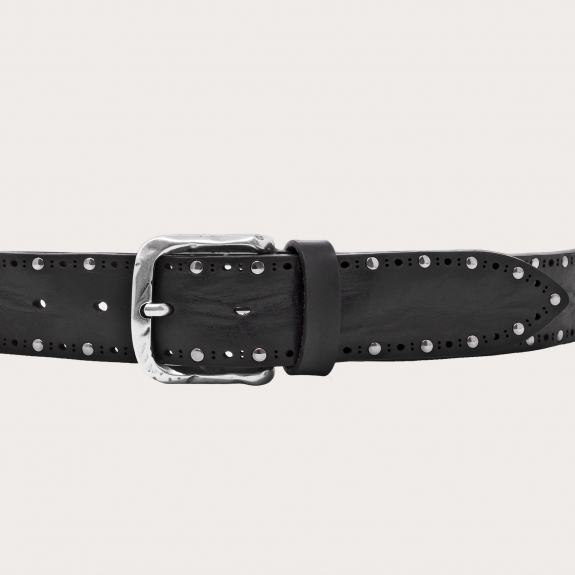 Raw cut leather belt with studs, black