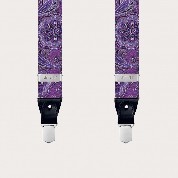 BRUCLE Formal Y-shape silk tubular suspenders, purple with floral paisley pattern