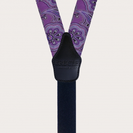 BRUCLE Formal Y-shape silk tubular suspenders, purple with floral paisley pattern
