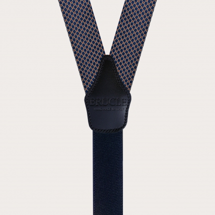 Formal Y-shape silk tubular suspenders, red and gold navy blue polka dot pattern