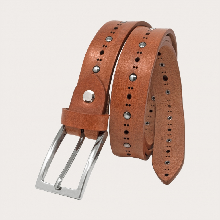 Ceinture fine en cuir brut avec clous, marron