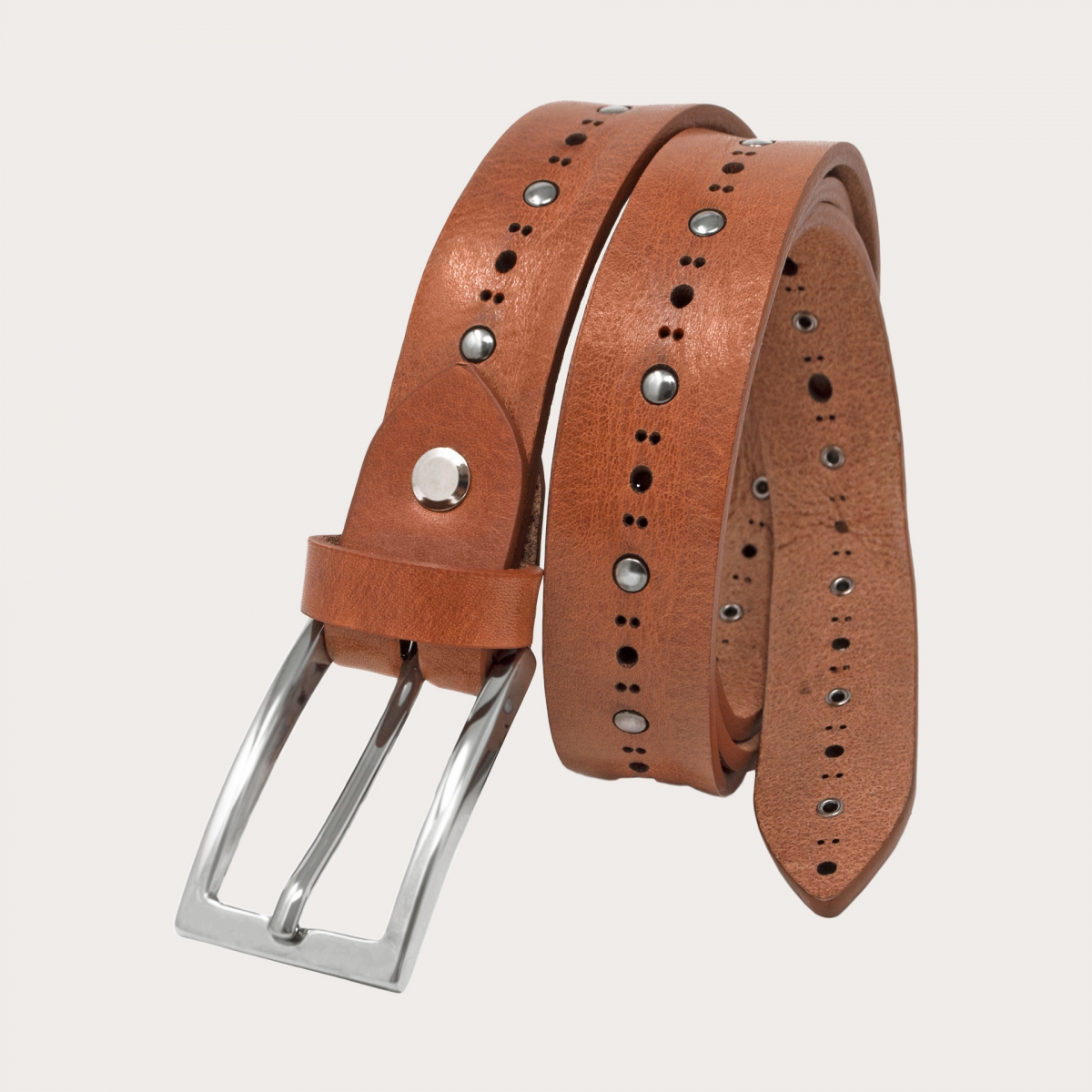 Thin raw cut leather belt with studs, brown