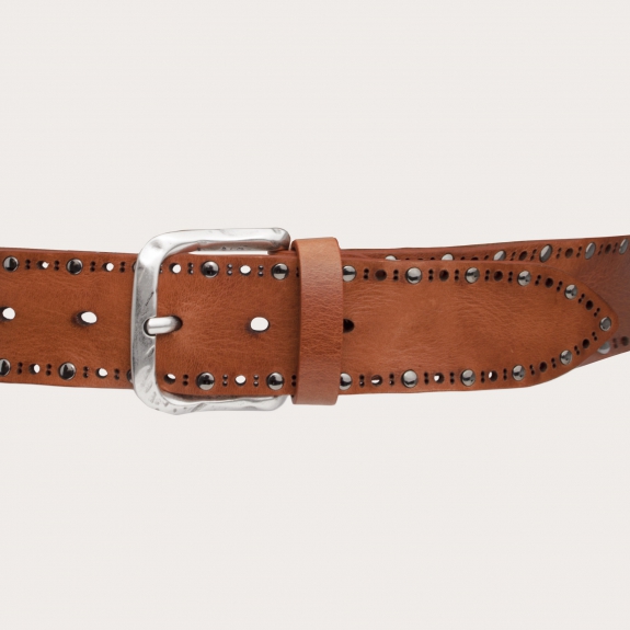 Raw cut leather belt with studs, black