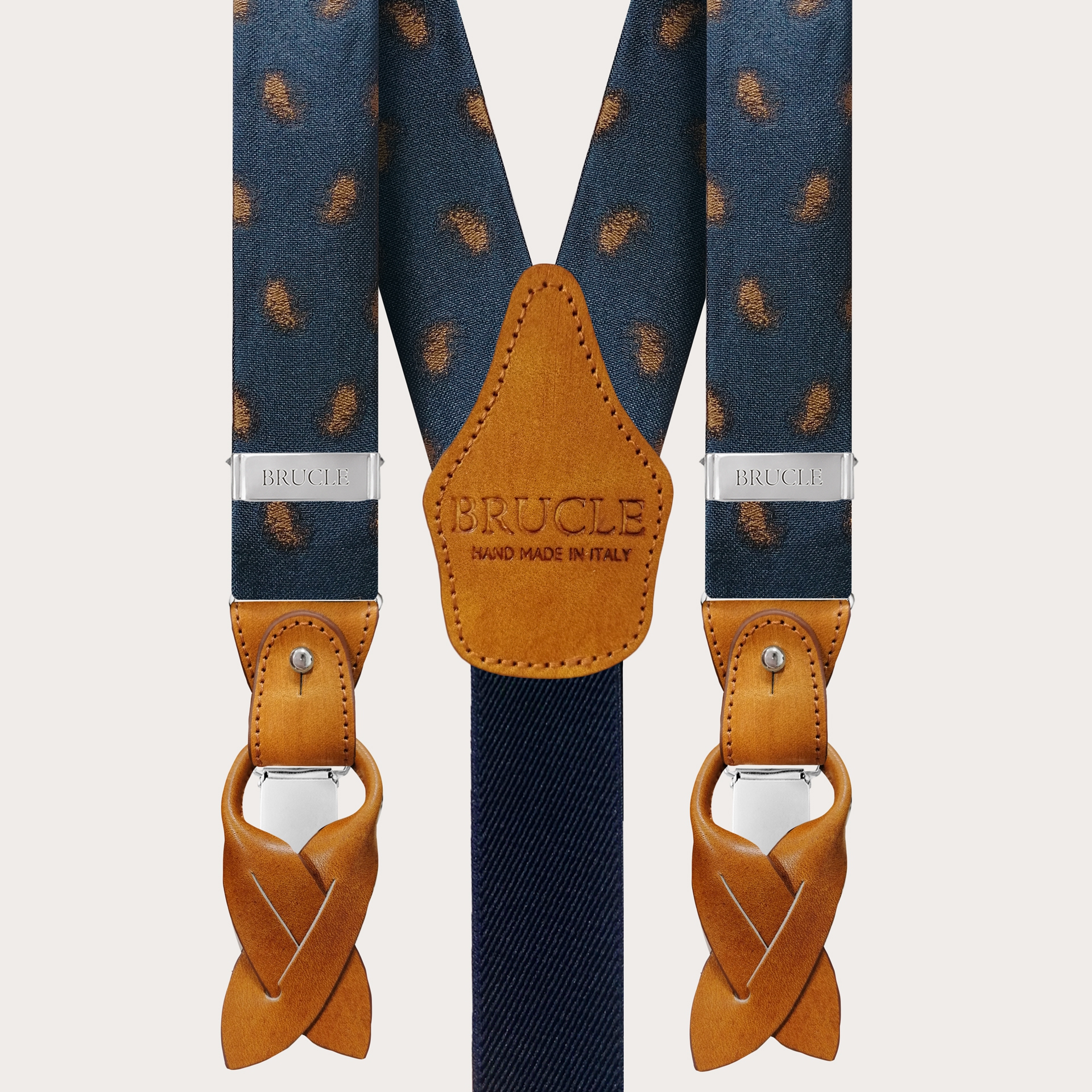 Formal Y-shape silk tubular suspenders, blue with faded paisley pattern