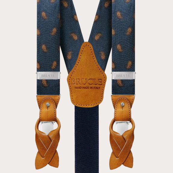 Formal Y-shape silk tubular suspenders, blue with faded paisley pattern