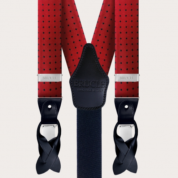 Formal Y-shape silk tubular suspenders, red with blue polka dots