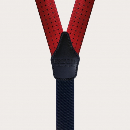 Formal Y-shape silk tubular suspenders, red with blue polka dots