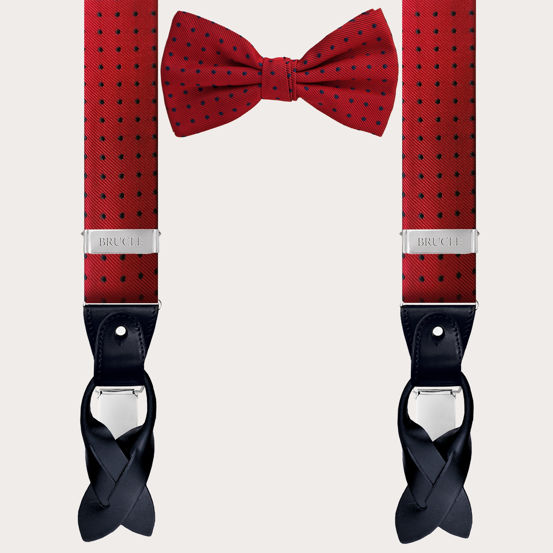 Coordinated suspenders and bowtie in silk, red with blue polka dots