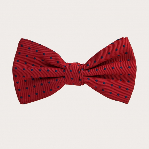 Coordinated suspenders and bowtie in silk, red with blue polka dots
